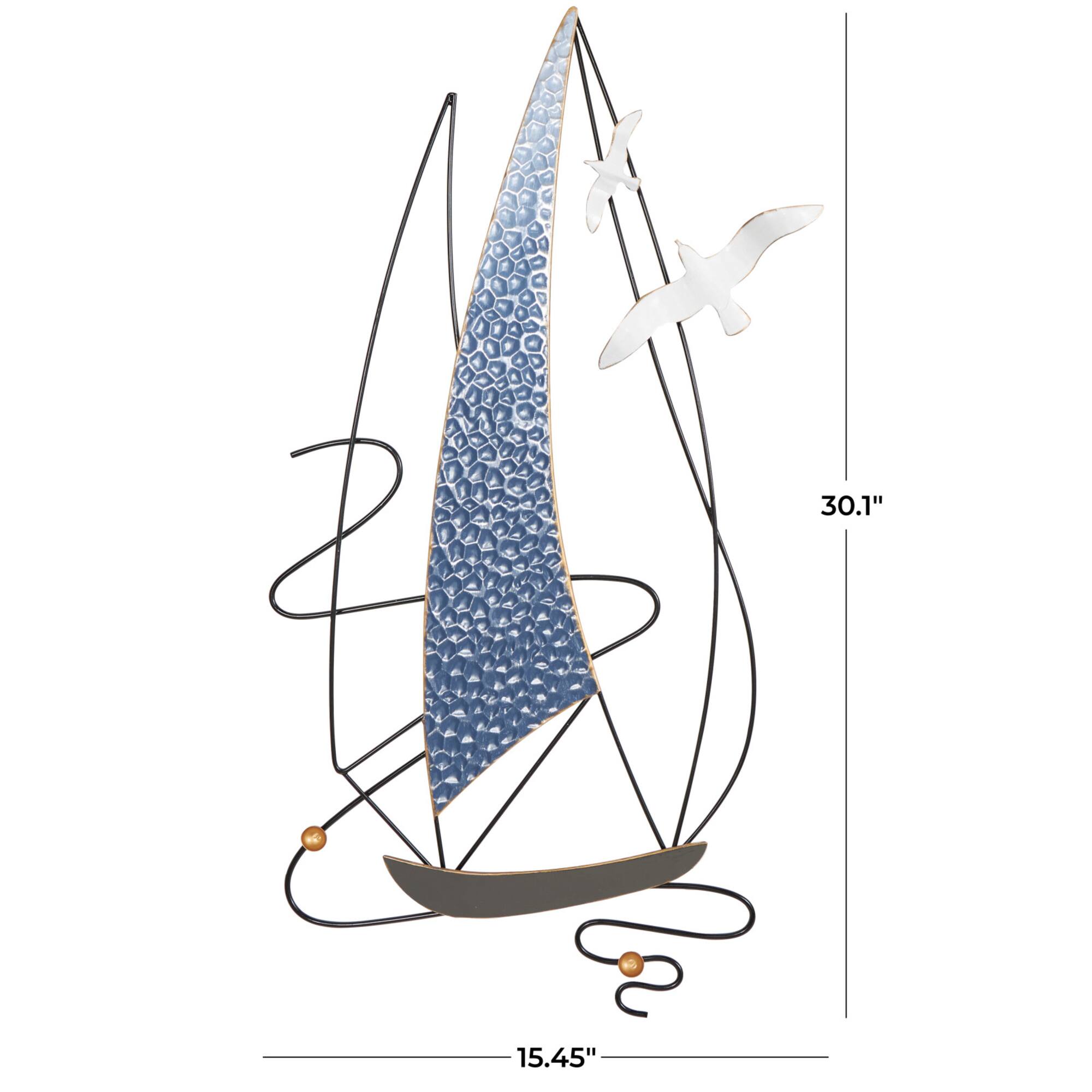 Blue Metal Sailboat Wall Decor with Black Wire Frame and White Bird Accents